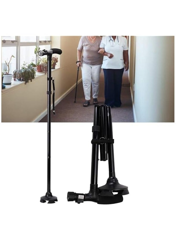 Green Tiger Cane Adjustable Folding Walking Cane with LED Flashlight 4 Non-slip Support Feet and Wrist Strap T Handle Suitable Elderly Safety, Ultralight for Hiking,Camping - Image 4