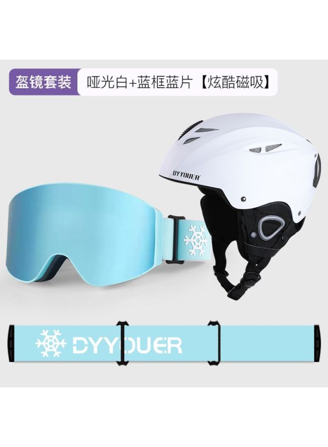 Ski Helmet for Men Women, All-in-One Snow Helmet with Magnetic Goggles, Matte White + White Frame Blue Film, Super Large Field of View