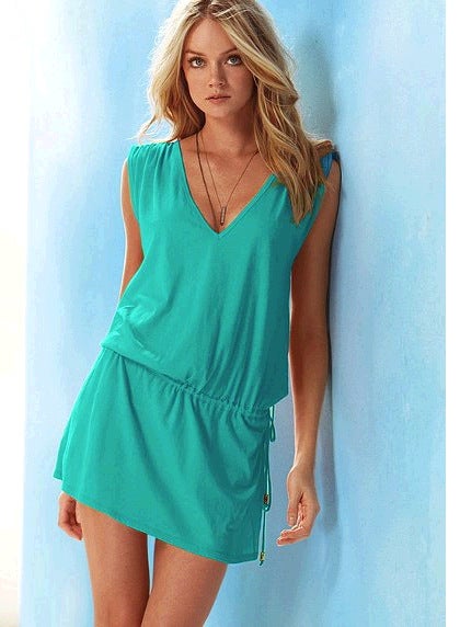 Generic Wholesale European and American blouse slimming womens stretch mercerized cotton beach skirt sunscreen bikini skirt cover Emerald 