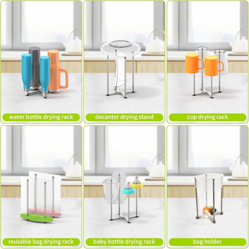 رف تجفيف الأكياس البلاستيكية والزجاجات، حامل متعدد الوظائف لإبريق النبيذ، حامل قابل للطي لسطح الطاولة - Image 2