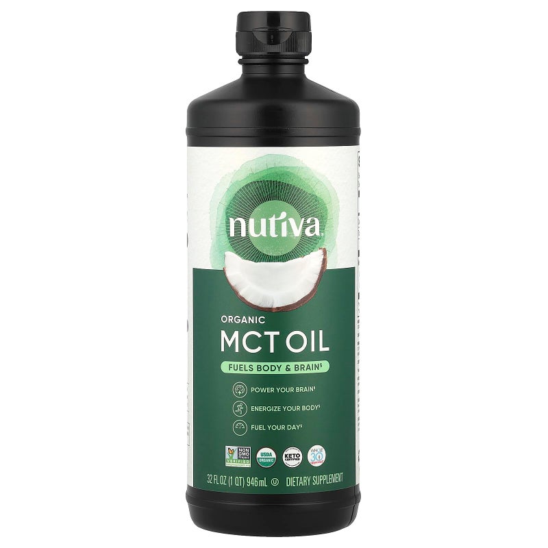 Nutiva Organic MCT Oil, Unflavored, 32 Oz, USDA Organic, Non-GMO, Non-BPA, Whole 30 Approved, Vegan, Gluten-Free & Keto, 14g MCT per Serving & Neutral Flavor for Energy Boost to Coffee, Shakes and Salads - Image 1