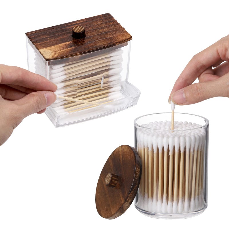 Tbestmax Tbestmax Qtips Holder Bathroom Container, 10/7 OZ Cotton Ball/Swabs Dispenser, Apothecary Jar Organizer for Storage Brown Wood Lids  - Image 3