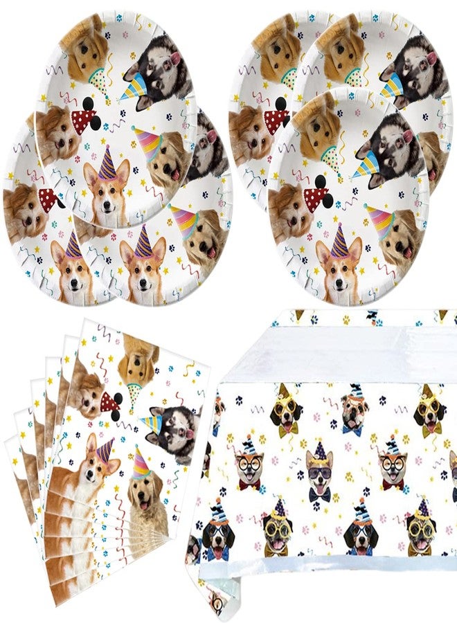 OULUN Dog Party Tableware Set,20 Plates and 20 Napkins and Tablecloth71 '' x 42 '',Dog Birthday Theme Party Decorate Supplies - Image 1