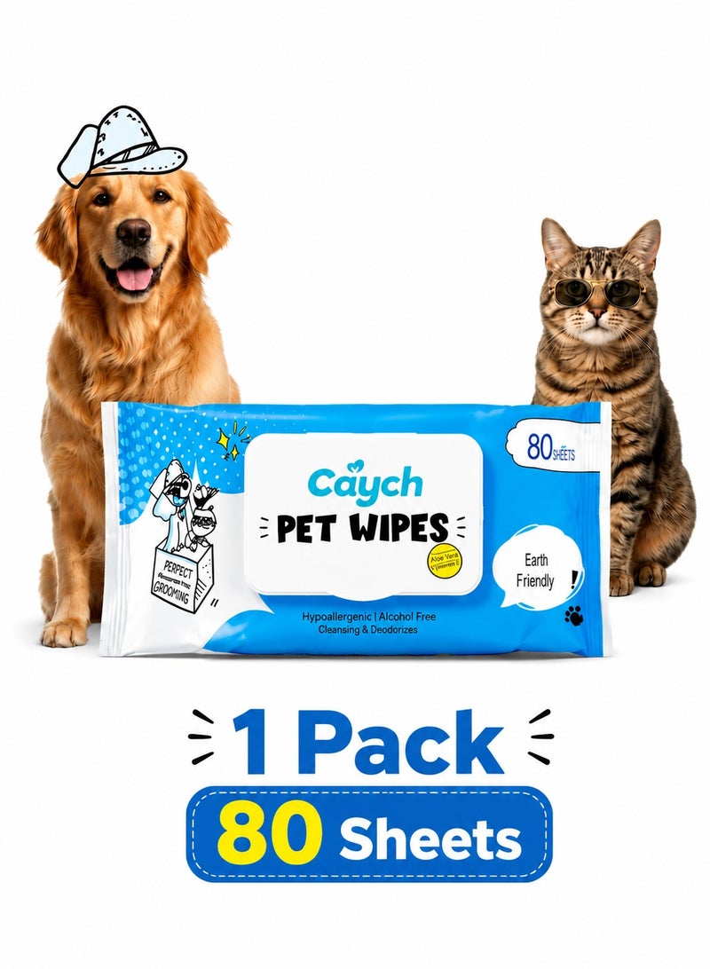 CAYCH Pet Wipes 80 Sheets for Dogs and Cats Antibacterial Hypoallergenic Grooming Wipes Deodorizing Eco Friendly Cleaning Wipes for Paws Body Eyes Ears and Daily Use - Image 1