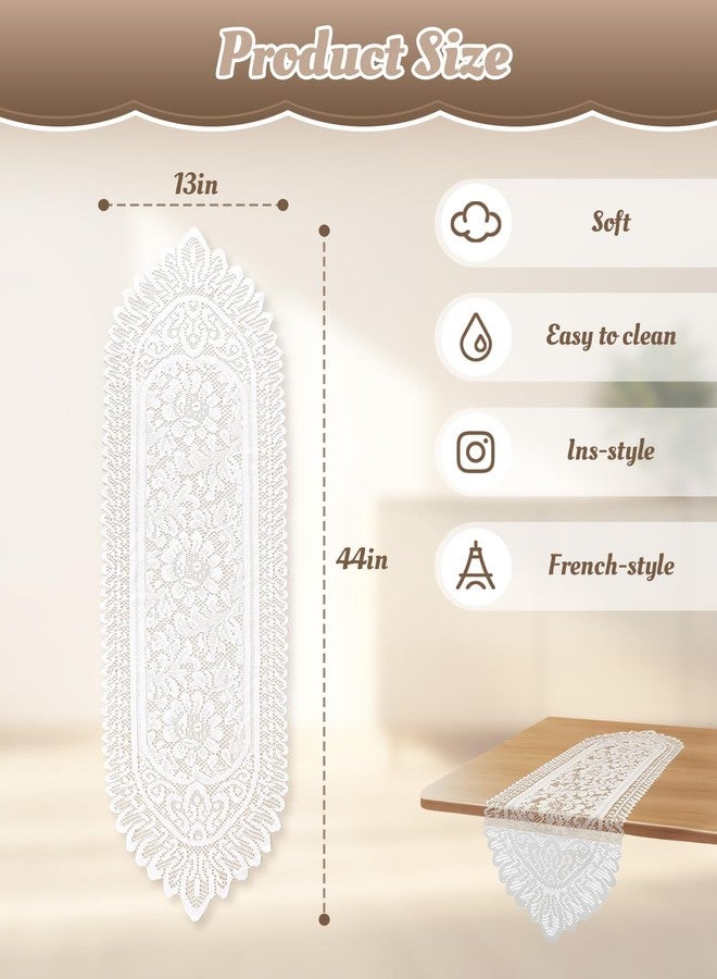 DAWZMR 4 PCS White Doily Lace Table Runner, 44 x 13 Vintage Rose Embroidered Boho Table Runners, Doilies for Furniture Dressers and End Tables - Image 2