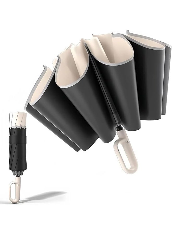 McDou Travel Folding Umbrella 10 Ribs Automatic Open/Close,Lightweight Compact Portable Backpack Car Parasol Outdoor,Sun/Rain,Anti 99 UV Protection UPF 50,Men Women Carabiner Handle Design - Image 1