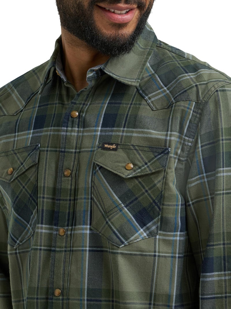 Wrangler Men's Iconic Denim Regular Fit Snap Shirt, Thyme Plaid, Large - Image 3