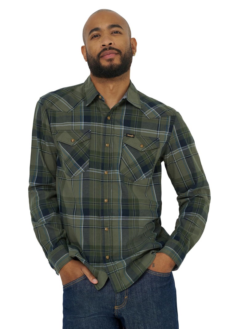 Wrangler Men's Iconic Denim Regular Fit Snap Shirt, Thyme Plaid, Large - Image 4