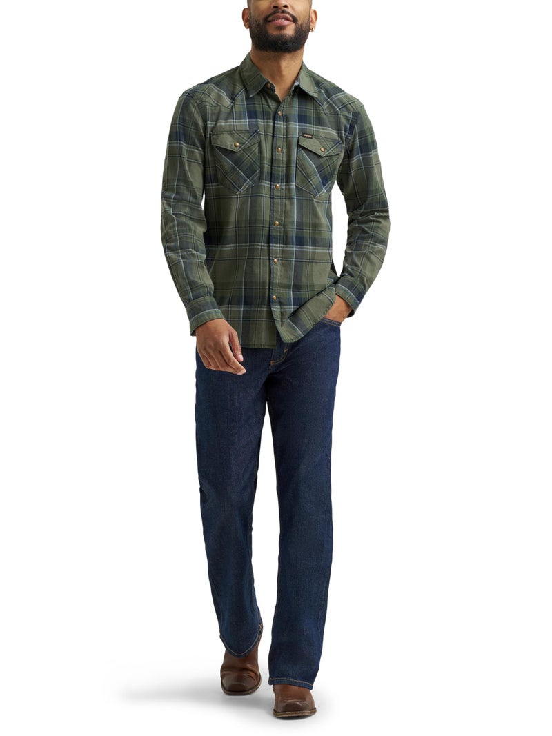 Wrangler Men's Iconic Denim Regular Fit Snap Shirt, Thyme Plaid, Large - Image 2