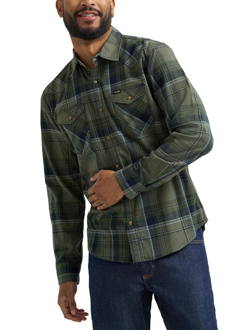 Wrangler Men's Iconic Denim Regular Fit Snap Shirt, Thyme Plaid, Large - Image 1