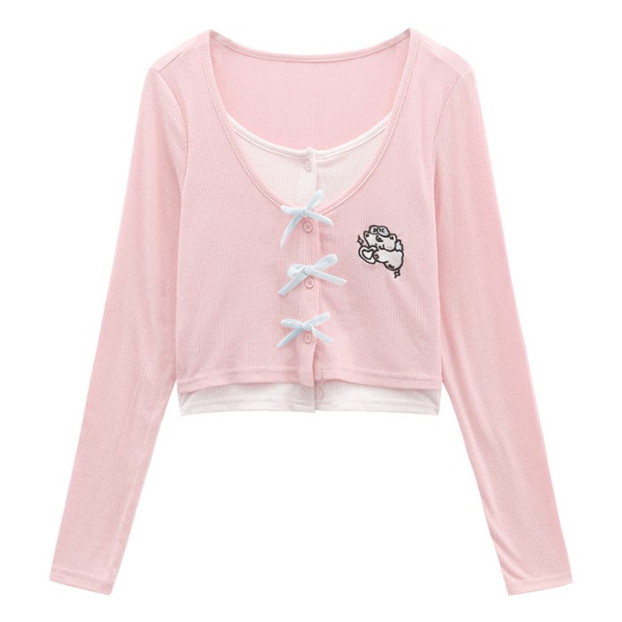 One-Piece/Suit Japanese College Style Sweet Embroidered Bow Fake Two-Piece T-Shirt Lace Cake Skirt Two-Piece Set For Women - Image 1