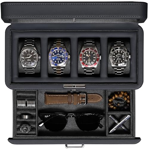ROTHWELL 4 Slot Leather Watch Box with Valet Drawer - Luxury Case Display Jewelry Organizer, Locking Display Case Holder with Real Glass Top - Watch Box Organizer for Men & Women (Carbon) - Image 1