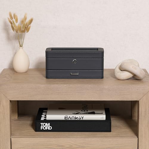 ROTHWELL 4 Slot Leather Watch Box with Valet Drawer - Luxury Case Display Jewelry Organizer, Locking Display Case Holder with Real Glass Top - Watch Box Organizer for Men & Women (Carbon) - Image 3