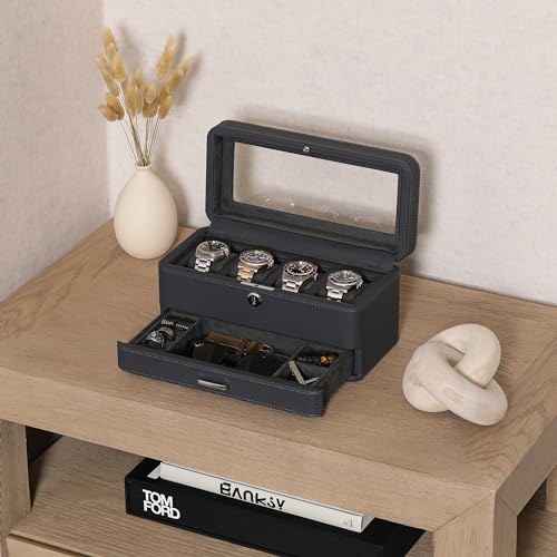 ROTHWELL 4 Slot Leather Watch Box with Valet Drawer - Luxury Case Display Jewelry Organizer, Locking Display Case Holder with Real Glass Top - Watch Box Organizer for Men & Women (Carbon) - Image 2