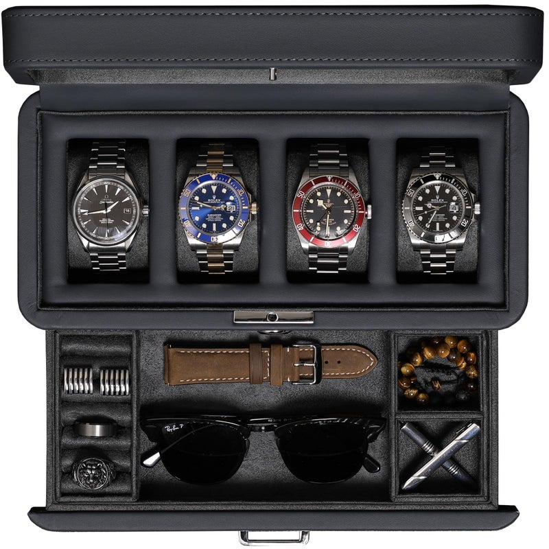 ROTHWELL 4 Slot Leather Watch Box with Valet Drawer - Luxury Case Display Jewelry Organizer, Locking Display Case Holder with Real Glass Top - Watch Box Organizer for Men & Women (Carbon) - Image 5