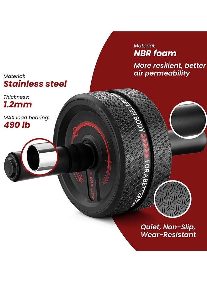 Upgraded Ab Roller Wheel 3.4in Widened - 490lbs Load Stainless Steel Core Trainer with NBR Foam Grip & Knee Pad for Men Women Home Gym (Red) - Image 3
