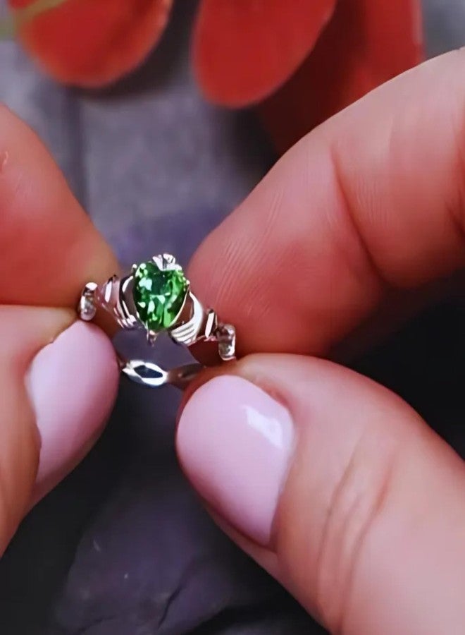 Biddy Murphy, Women's Irish Claddagh Ring 925 Sterling Silver Woven Band, Emerald Green CZ Heart Shape, Made in Ireland, Size 8 - Image 2