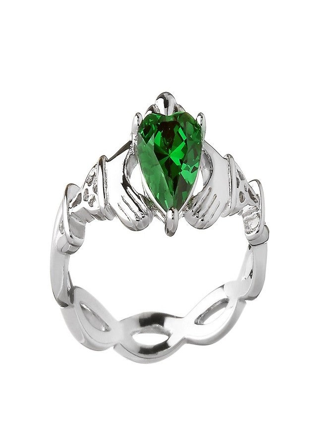 Biddy Murphy, Women's Irish Claddagh Ring 925 Sterling Silver Woven Band, Emerald Green CZ Heart Shape, Made in Ireland, Size 8 - Image 1