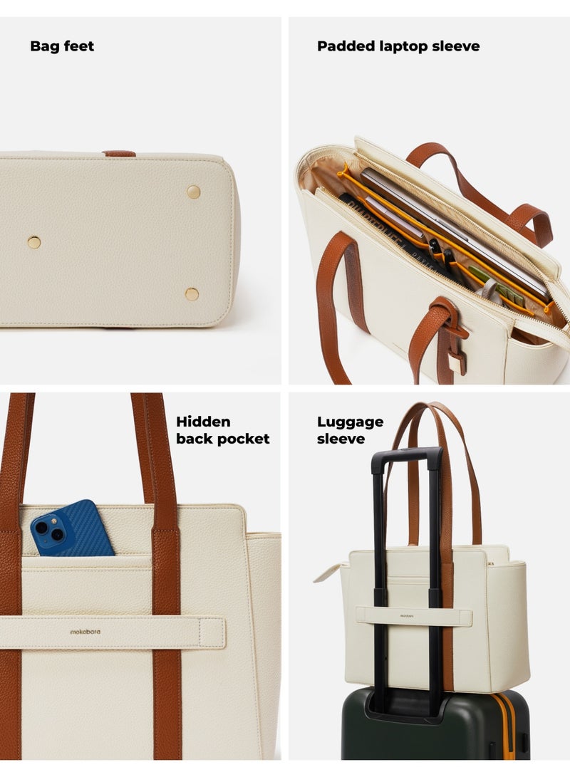Mokobara Sunflower Tote Bag | Fits 14-inch Laptop | Premium Vegan Leather | Water-Resistant | Multiple Compartments & Luggage Sleeve | For Work & Daily Use | Beige - Image 5
