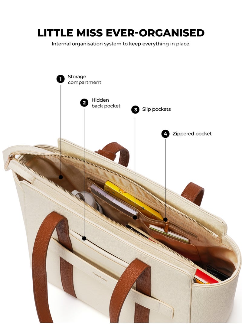 Mokobara Sunflower Tote Bag | Fits 14-inch Laptop | Premium Vegan Leather | Water-Resistant | Multiple Compartments & Luggage Sleeve | For Work & Daily Use | Beige - Image 2