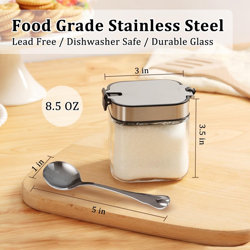Aelga Glass Sugar Bowl with Lid and Spoon, 8.5 OZ Sugar Container Stainless Steels Flip Lid, Salt Container for Kitchen, Coffer Bar Accessories, Countertop, 2 Pack - Image 5