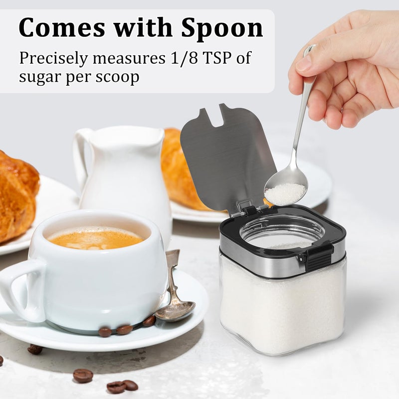 Aelga Glass Sugar Bowl with Lid and Spoon, 8.5 OZ Sugar Container Stainless Steels Flip Lid, Salt Container for Kitchen, Coffer Bar Accessories, Countertop, 2 Pack - Image 4