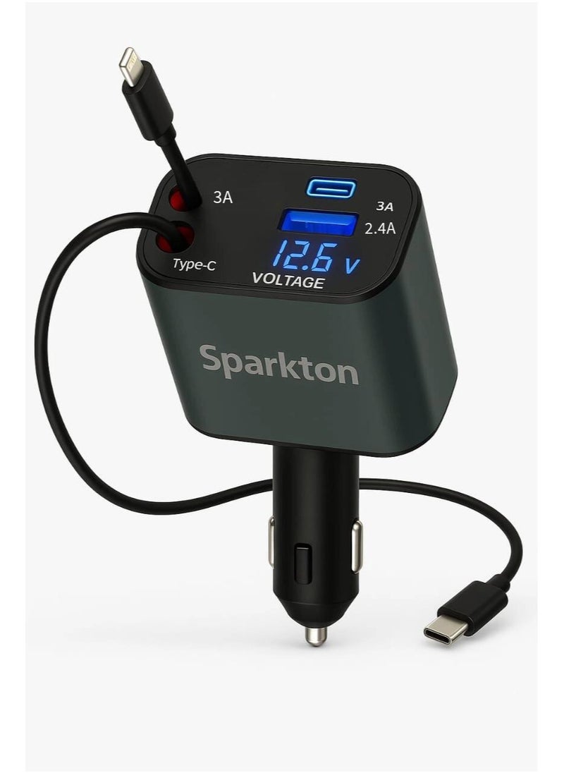 Sparkton 4 in 1 Fast Car Charger with Dual USB Ports USB-C Type-C Retractable Cable High Speed Mobile Charging Adapter Quick Charge 3.0 Vehicle Power Hub Universal Car Charger for iPhone Android Samsung Compact 12V Smart Auto USB C Phone Charging Plug.