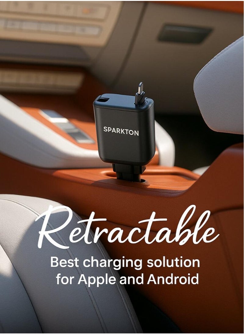 Sparkton 4 in 1 Fast Car Charger with Dual USB Ports USB-C Type-C Retractable Cable High Speed Mobile Charging Adapter Quick Charge 3.0 Vehicle Power Hub Universal Car Charger for iPhone Android Samsung Compact 12V Smart Auto USB C Phone Charging Plug.