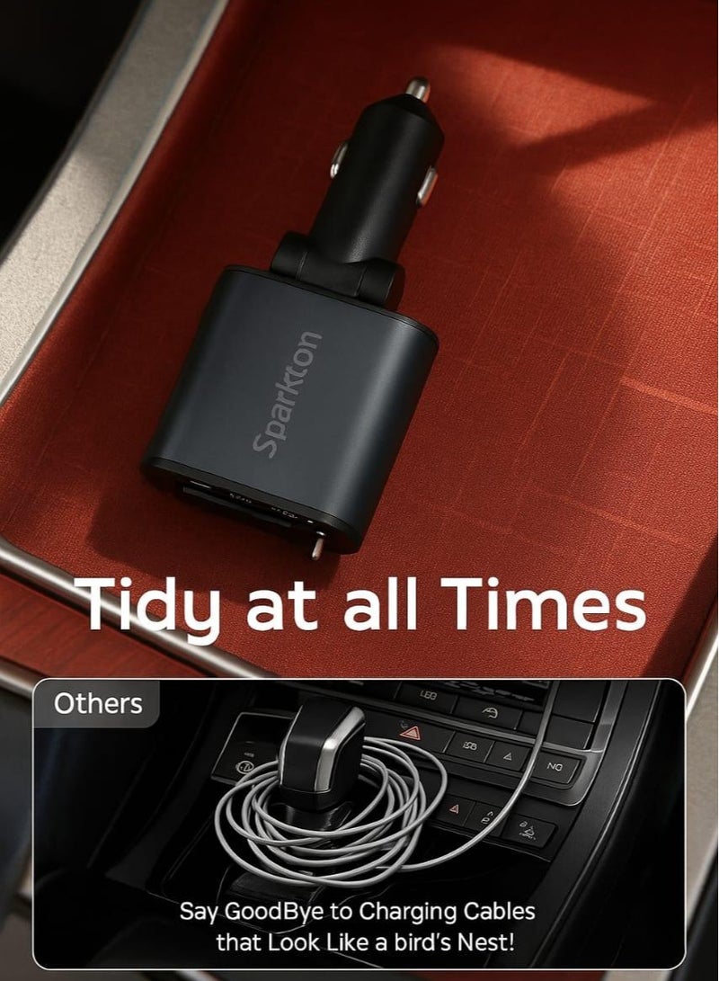 سبارتون شاحن سيارة سريع 4 في 1 مع منفذي USB مزدوجين وكابل قابل للسحب من النوع USB-C ومحول شحن محمول عالي السرعة وشحن سريع 3.0 وشاحن سيارة عالمي لأجهزة iPhone وAndroid وSamsung ومقبس شحن هاتف USB C ذكي مدمج 12 فولت. - Image 4