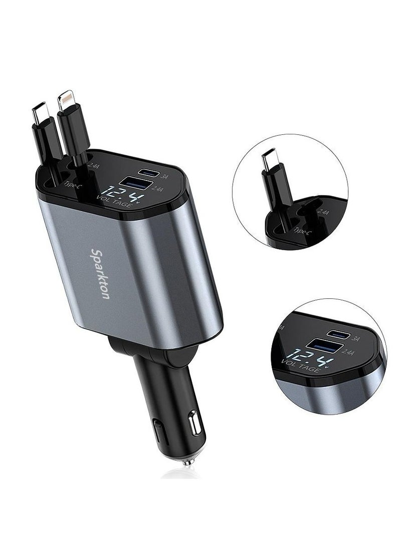 سبارتون شاحن سيارة سريع 4 في 1 مع منفذي USB مزدوجين وكابل قابل للسحب من النوع USB-C ومحول شحن محمول عالي السرعة وشحن سريع 3.0 وشاحن سيارة عالمي لأجهزة iPhone وAndroid وSamsung ومقبس شحن هاتف USB C ذكي مدمج 12 فولت. - Image 1