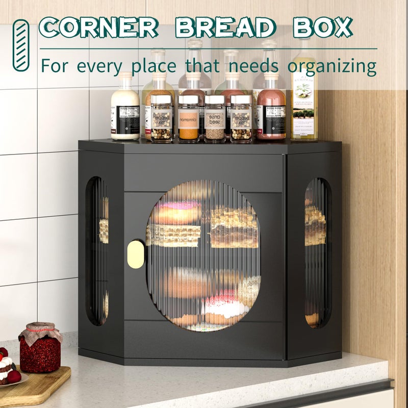TQQDCI Corner Bread Box for Kitchen Countertop, Large Wooden Bread Box, Double Layer Bread Storage Bin, Bamboo Breadbox for Homemade Bread, Farmhouse Kitchen Organizer with Acrylic Window, Black - Image 2