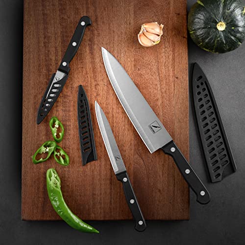 COKUMA Kitchen Knife, 3-Pcs Knife Set With Sheath, 8 Inch Chef Knife, 4.5 Inch Utility Knife, 4 Inch Paring Chef Knife, Stainless Steel, Black - Image 4