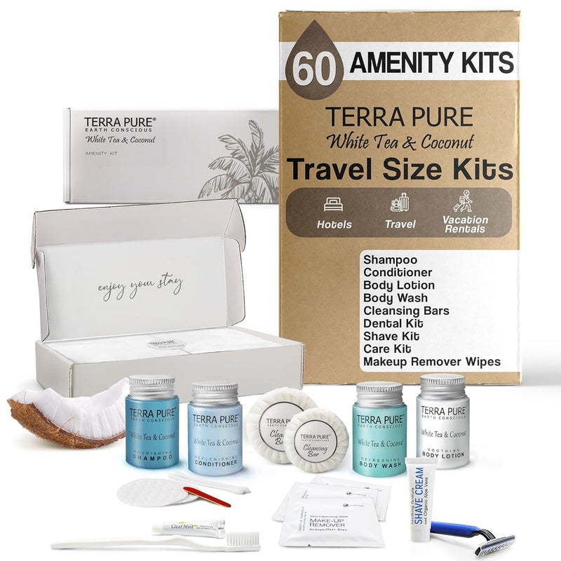 Terra Pure Terra Pure White Tea & Coconut Amenity & Accessory Kit |1oz Travel Size Shampoo, Conditioner, Lotion, Body Wash, 2 Cleansing Bars, Shave & Dental Sets, Make-Up Remover Wipes, & Vanity Kit | 60 Boxes