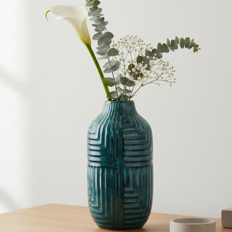 hjn Teal Hand-Glazed Ceramic Vase - 10.6" H Modern Decorative Centerpiece Vase for Fresh/Dried Flowers, Home Decor for Living Room Bookshelf Mantel | Wedding Housewarming Gift - Image 1