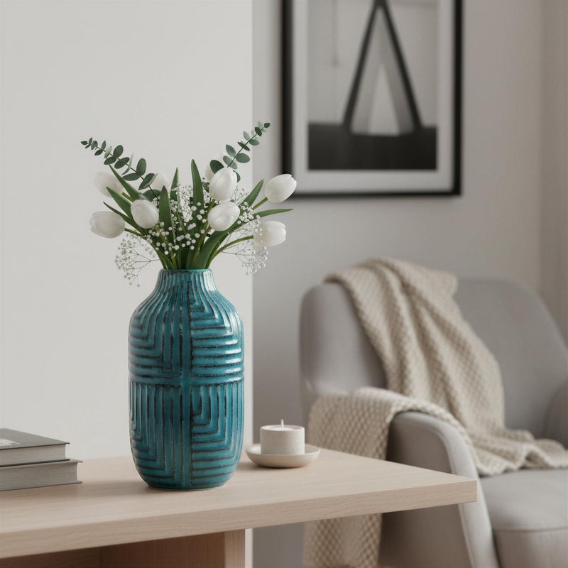 hjn Teal Hand-Glazed Ceramic Vase - 10.6" H Modern Decorative Centerpiece Vase for Fresh/Dried Flowers, Home Decor for Living Room Bookshelf Mantel | Wedding Housewarming Gift - Image 4