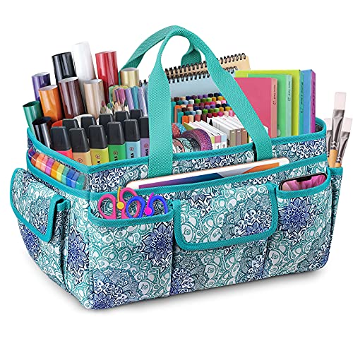 FINPAC Large Craft Storage Tote Bag with Multiple Pockets, Scrapbooking Carrying Case Storage Caddy with Handle for Sewing, Art, Desktop, Baby Care Supplies (Emerald Illusions) - Image 1