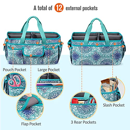 FINPAC Large Craft Storage Tote Bag with Multiple Pockets, Scrapbooking Carrying Case Storage Caddy with Handle for Sewing, Art, Desktop, Baby Care Supplies (Emerald Illusions) - Image 3