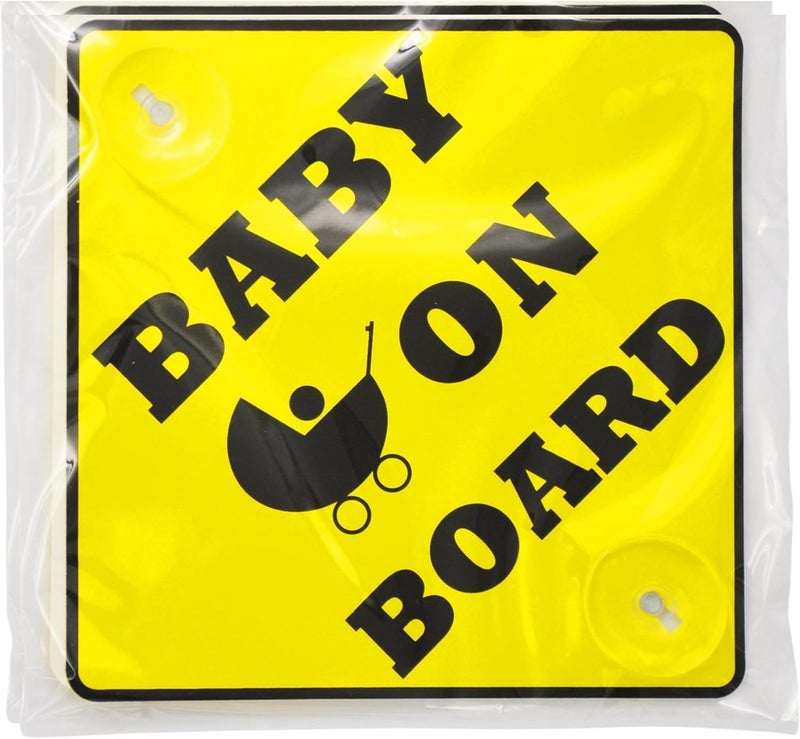 HASANAT ESSENTIALS Baby on board Car Safety Sign – 15cm x 15cm Window Cling with Double Suction Cups, Reusable & Durable Car Warning Sticker Decal - Image 1