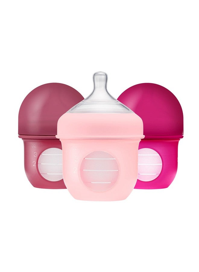 بون زجاجات الرضاعة القابلة لإعادة الاستخدام من Boon Nursh - حلمة تدفق بطيء - جراب وحلمة من السيليكون لزجاجات الرضاعة - أساسيات تغذية الطفل - وردي - من عمر 0 إلى 3 أشهر - 3 قطع - 4 أونصة - Image 1