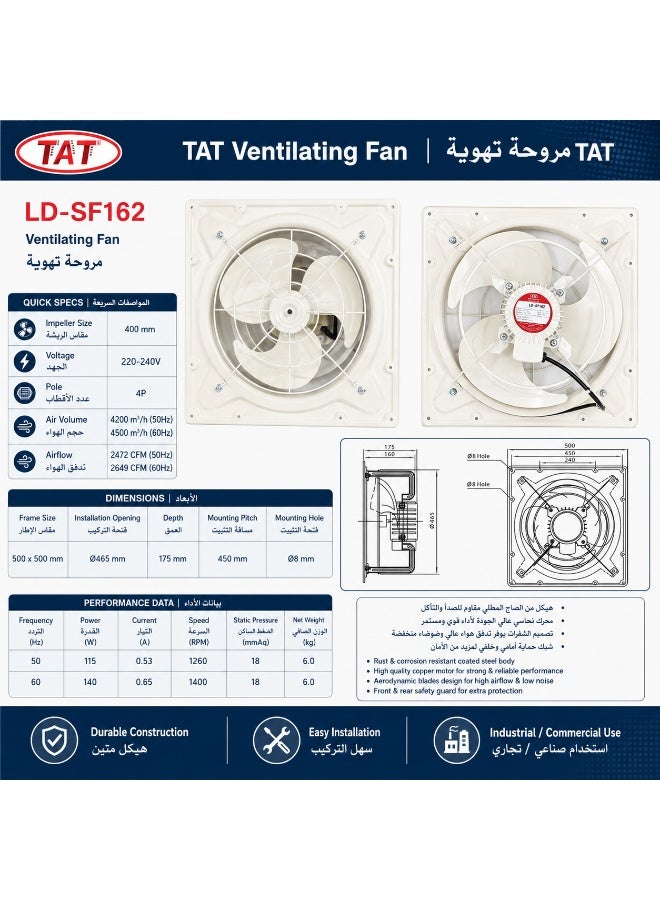 Tat Iron Exhaust Fan 50 × 50 cm frame, 2649 CFM, 220-240 V - Image 3
