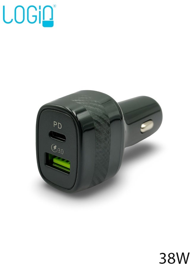 لوجين محول شاحن سيارة سريع بمنفذين بقوة 38 وات مع USB-C PD وUSB QC3.0، محول طاقة للسيارة 12 فولت/24 فولت للهواتف الذكية والأجهزة اللوحية وأجهزة iPad والكاميرات وأجهزة Bluetooth، وحماية من الجهد الزائد ودرجة الحرارة الزائدة والدائرة القصيرة - Image 1