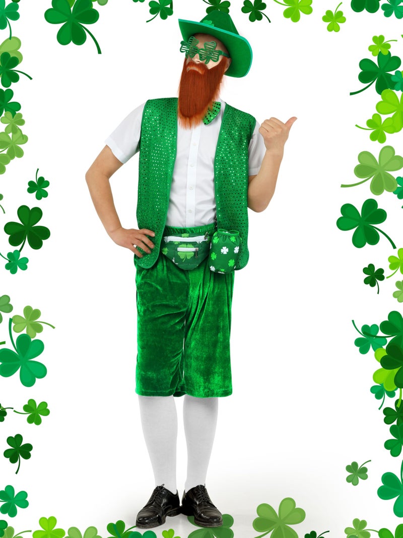 SOMSOC 9 Pcs St Patrick's Day Costume Halloween Set for Men Shamrock Vest Suspender Shorts Sequin Bow Tie Beard lrish Party - Image 5