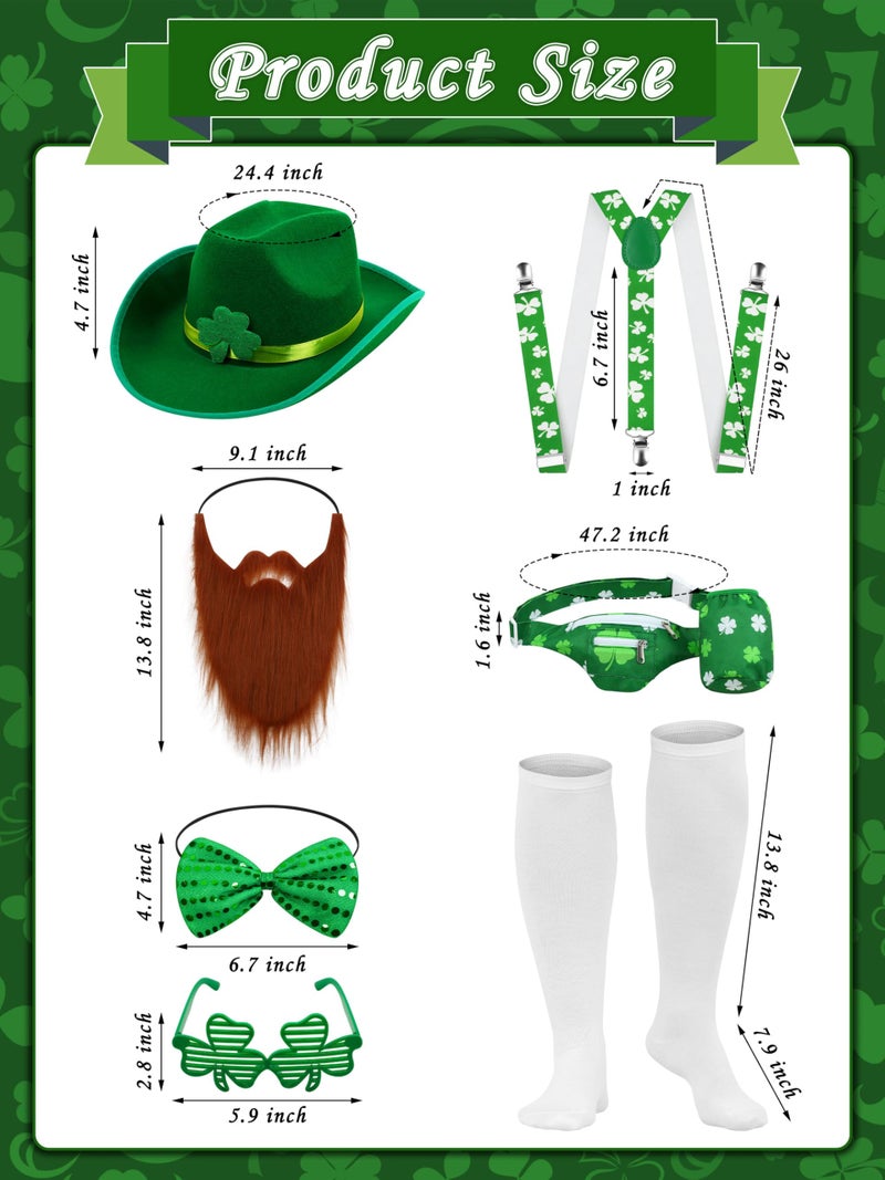 SOMSOC 9 Pcs St Patrick's Day Costume Halloween Set for Men Shamrock Vest Suspender Shorts Sequin Bow Tie Beard lrish Party - Image 3
