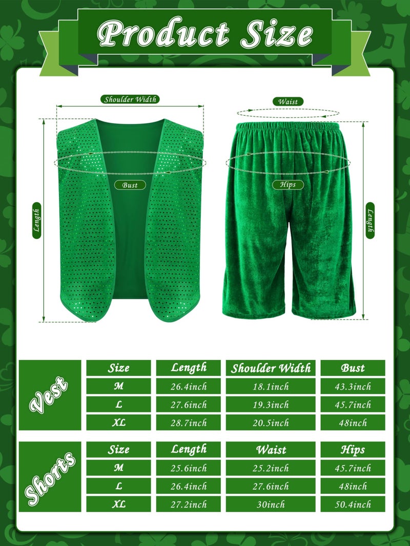 SOMSOC 9 Pcs St Patrick's Day Costume Halloween Set for Men Shamrock Vest Suspender Shorts Sequin Bow Tie Beard lrish Party - Image 2