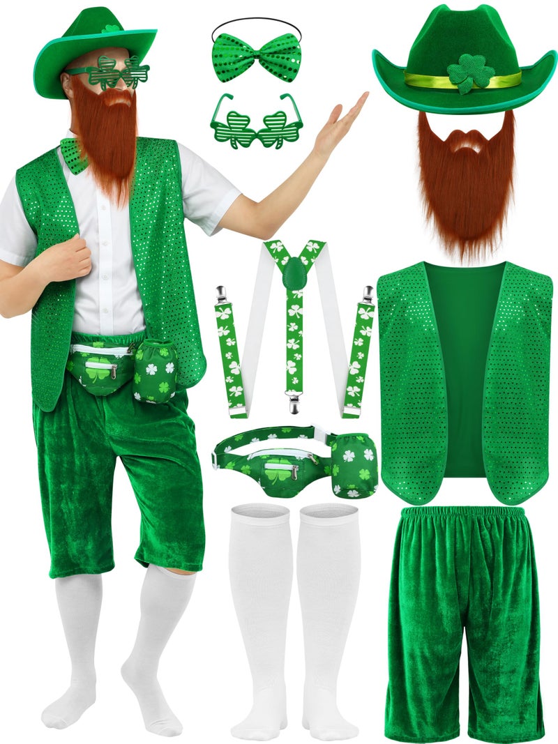 SOMSOC 9 Pcs St Patrick's Day Costume Halloween Set for Men Shamrock Vest Suspender Shorts Sequin Bow Tie Beard lrish Party - Image 1