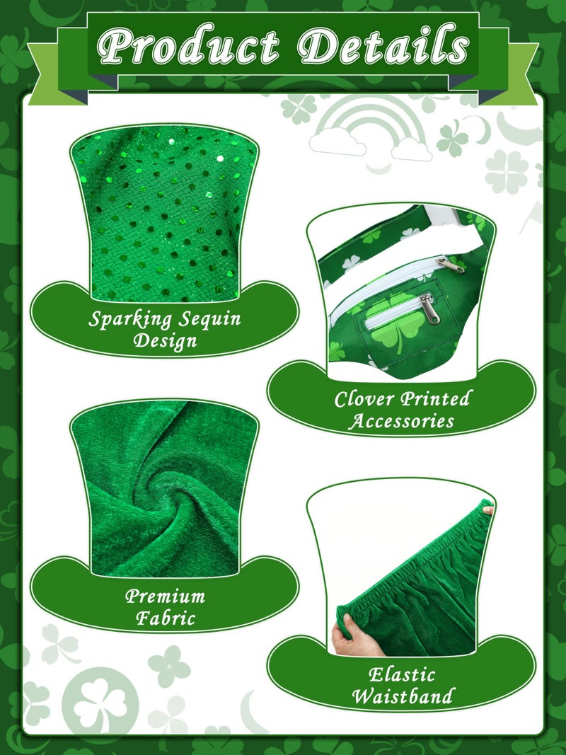 SOMSOC 9 Pcs St Patrick's Day Costume Halloween Set for Men Shamrock Vest Suspender Shorts Sequin Bow Tie Beard lrish Party - Image 4