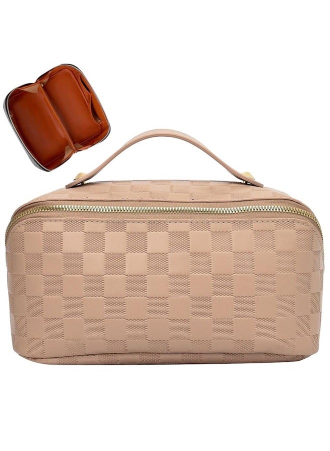 Cessfle Large Capacity Travel Cosmetic Bag Plaid Checkered Makeup Bag Portable Leather Waterproof Skincare Bag with Handle and Divider for Women… - Image 1