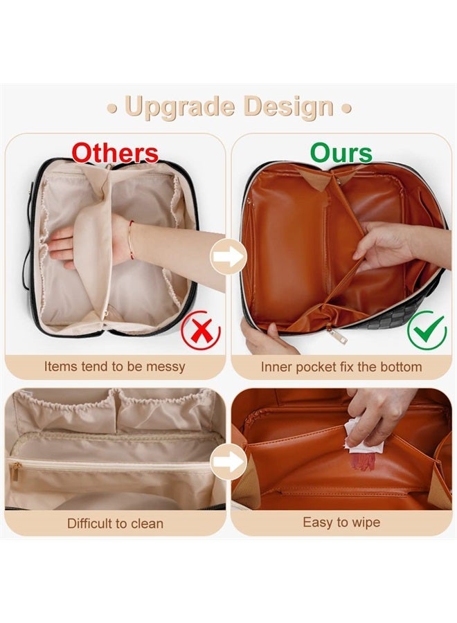 Cessfle Large Capacity Travel Cosmetic Bag Plaid Checkered Makeup Bag Portable Leather Waterproof Skincare Bag with Handle and Divider for Women… - Image 3