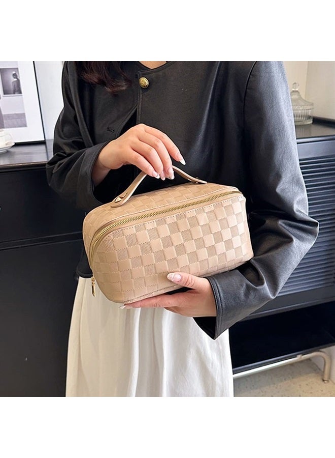 Cessfle Large Capacity Travel Cosmetic Bag Plaid Checkered Makeup Bag Portable Leather Waterproof Skincare Bag with Handle and Divider for Women… - Image 2