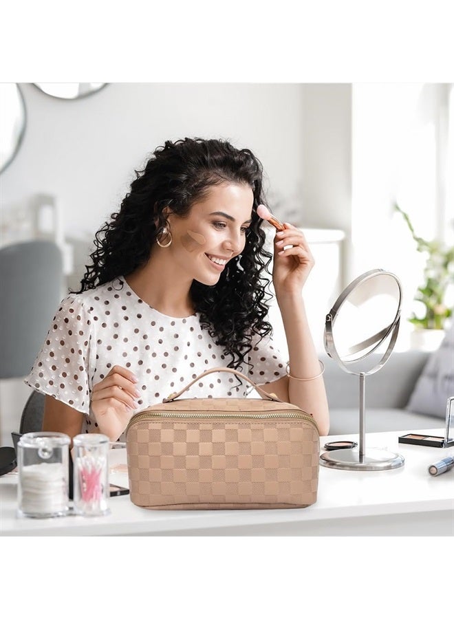 Cessfle Large Capacity Travel Cosmetic Bag Plaid Checkered Makeup Bag Portable Leather Waterproof Skincare Bag with Handle and Divider for Women… - Image 5
